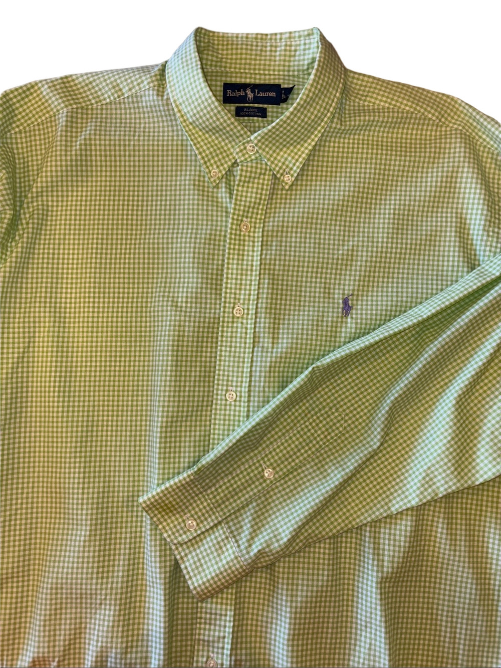 Ralph Lauren Green Gingham Button-Down Shirt with Purple Pony